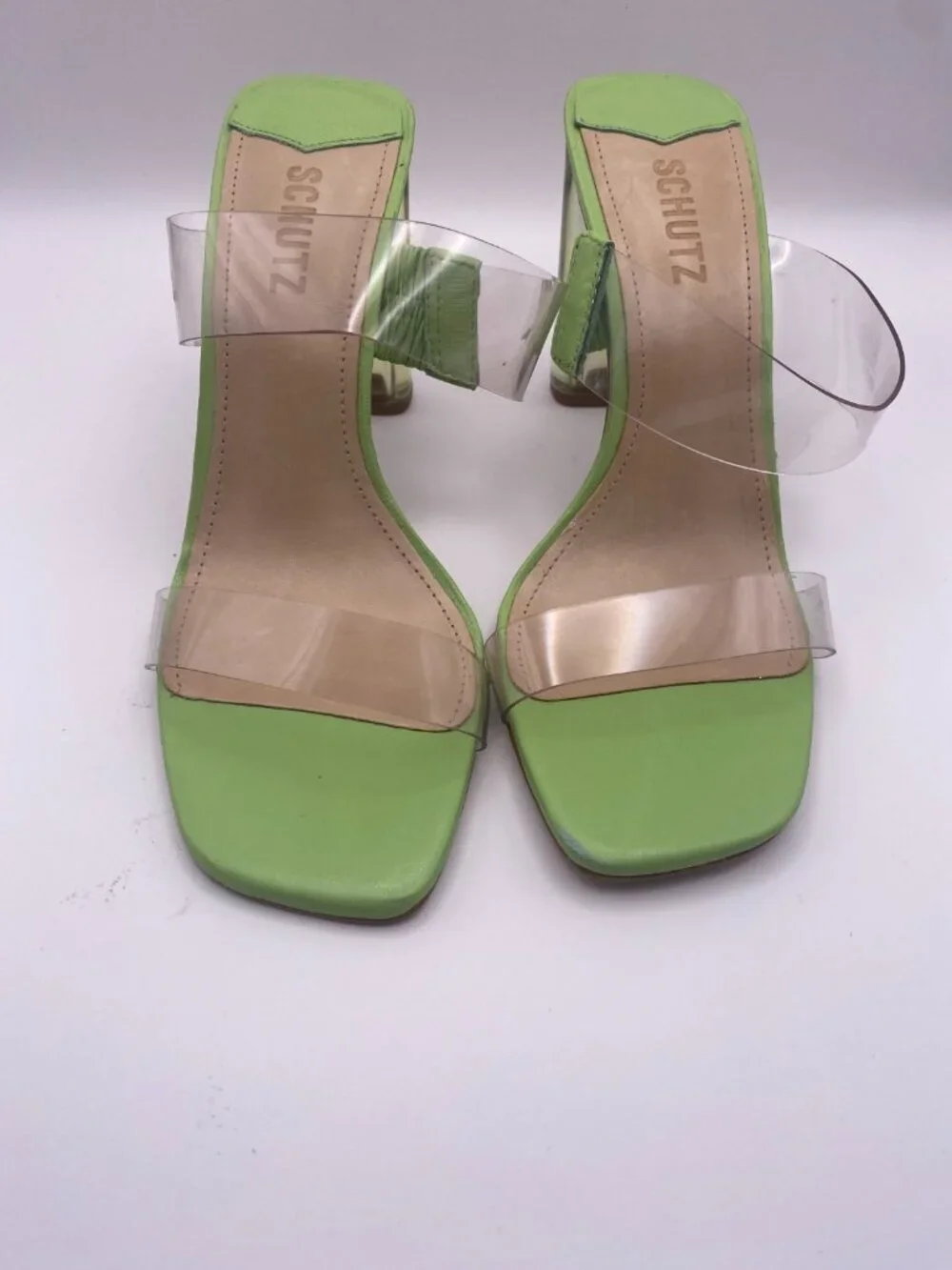 Schutz Womens Ariella Acrylic Green Double Strap Sandal Sz 8B